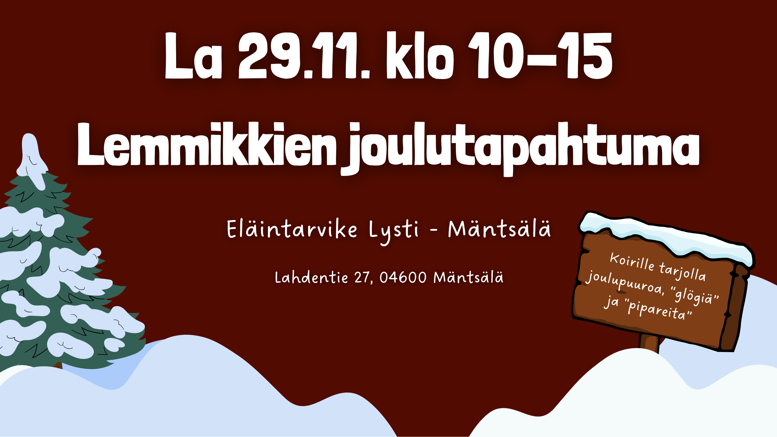 Eläintarvike Lystin la 29.11. klo 10-15 järjestettävän joulutapahtuman mainos